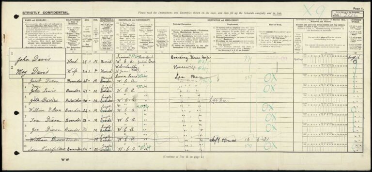 Completed census form showing eight residents plus two names crossed out with the note 'left house'.