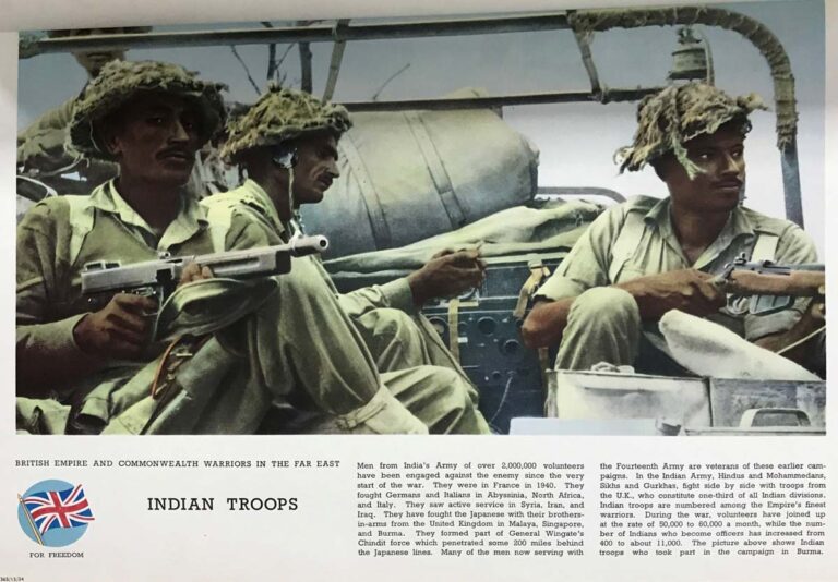 A poster headed 'Indian Troops', with two paragraphs of text below a painting of three Indian soldiers with camouflaged helmets and guns. 