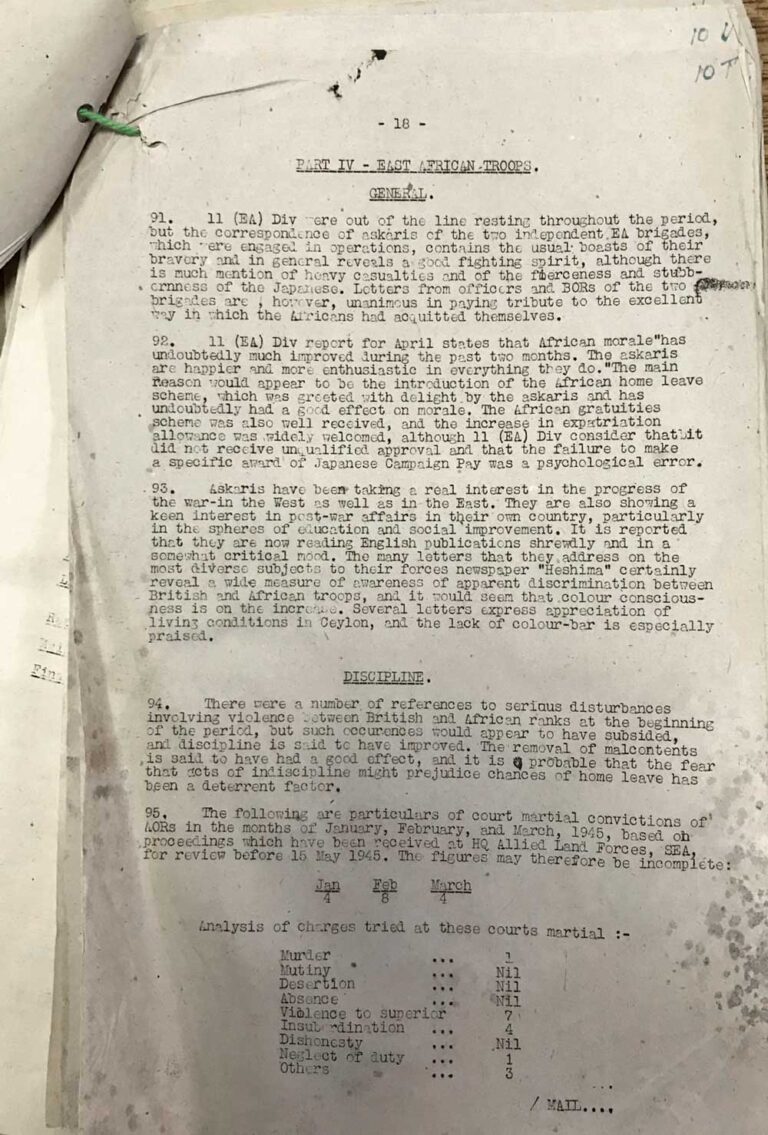 Typewritten document with subheadings 'General' and 'Discipline', saying eg '11 (EA) Div report for April states that African morale has undoubtedly much improved during the past two months.'