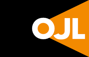 White letters spelling 'OJL' against a black background, with an orange triangle 'shining' out from the 'O'.