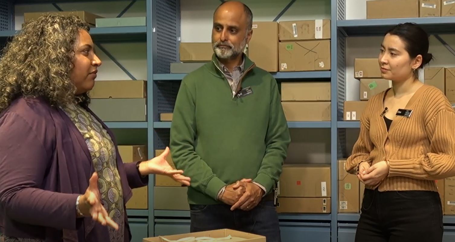 Three people in conversation standing in an archive