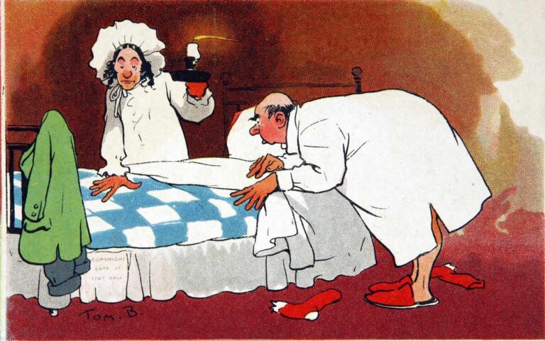 Cartoon of an older couple dressed in old fashioned nightgowns using an oil lamp to search their bed for bugs