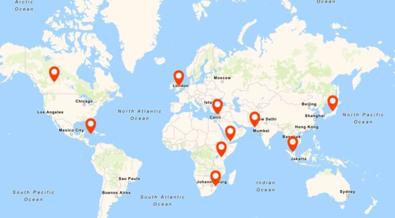 World map depicting rough location of the images used in My Home resource.