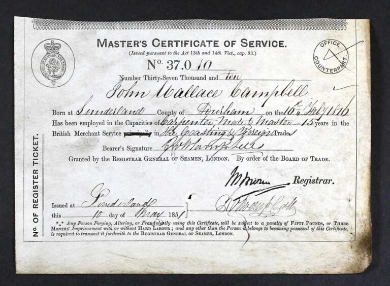 A 'Master's Certificate of Service' for John Wallace Campbell. The information provided is handwritten and signed by a Registrar. 