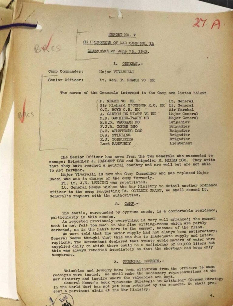 A typewritten report including a description of the camp and a list of 11 generals' names.