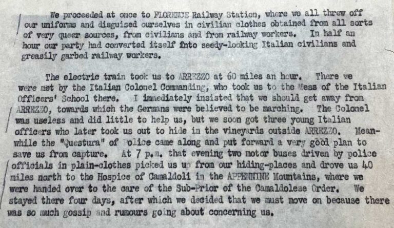 Typewritten report beginning 'We proceeded at once to FLORENCE Railway Station, where we all threw off our uniforms'.