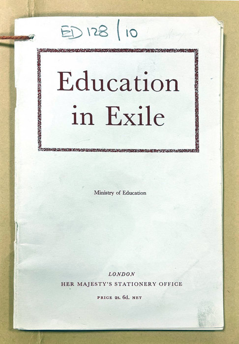 Front cover of a white pamphlet with the words Education in Exile in red. 