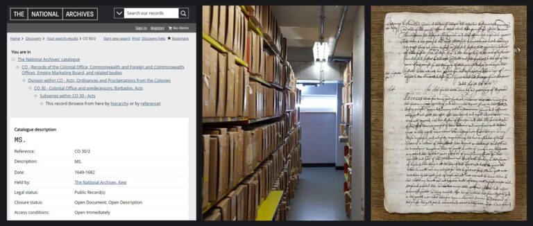 Triptych showing CO 30/2 f16's online catalogue page, the aisle full of boxes it's stored in, and a page from the document itself.