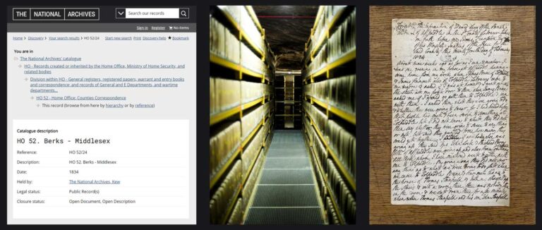 Triptych showing HO 52/24's online catalogue page, the aisle it's located in, and a page from the document itself.