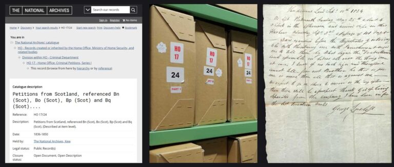 Triptych showing HO 17/24/29's online catalogue page, the box it's stored in, and a page from the document itself.