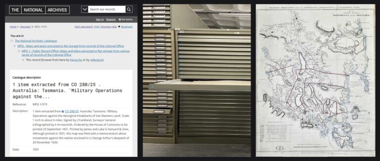 Triptych showing CO 280/25's online catalogue page, the metal drawer it's stored in, and the map itself.