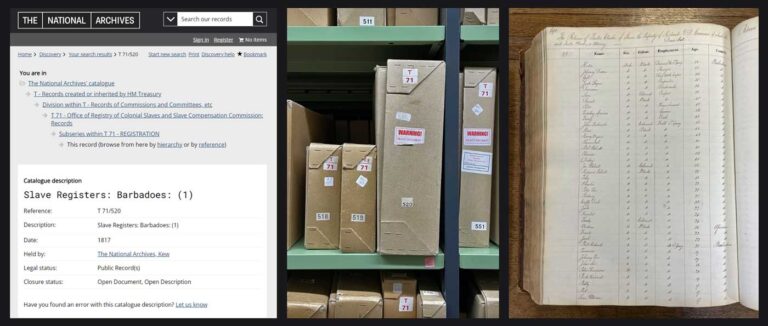 Triptych showing T 71/520 f81's online catalogue page, the box it's stored in, and a page from the document itself.