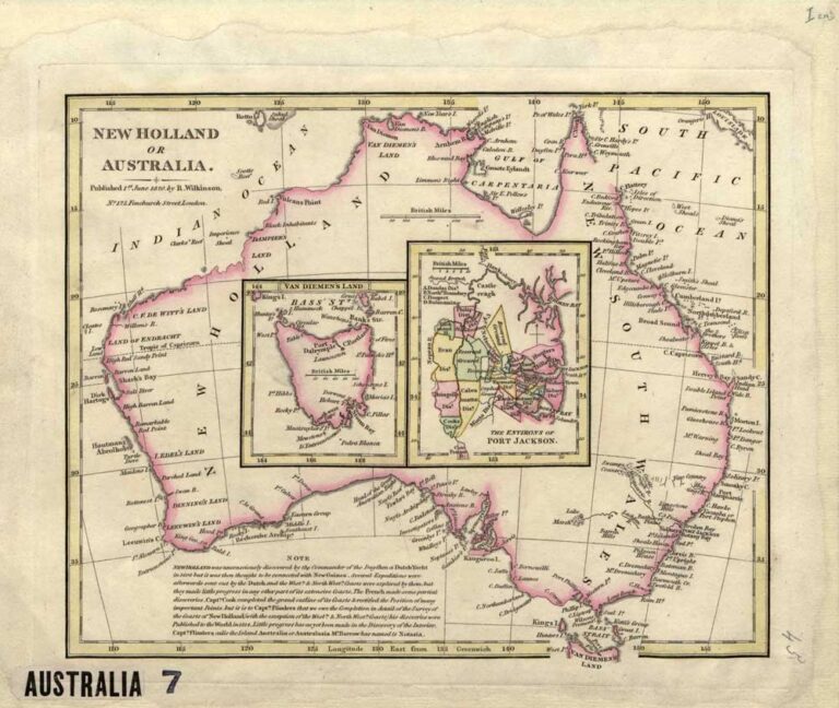 Map of the outline of Australia, with close-up maps of Van Dieman's Land and Port Jackson in the centre.