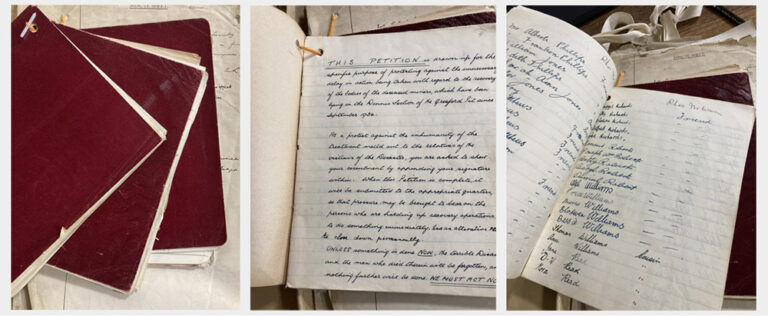 Three images of three red notebooks. The first image shows the outside of the books, the second and third show what is inside, which includes a block of handwritten text and a list of names and signatures. 