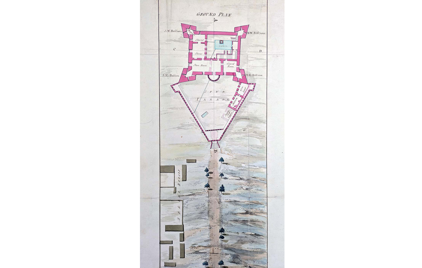 A drawing of a plan of a fort. There are five rooms and a large open area. There is a long drive leading up to the fort with trees and huts. 