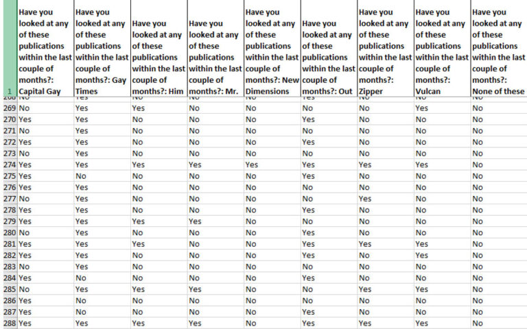 Part of an Excel spreadsheet, the first column headed 'Have you looked at any of these publications within tthe last couple of months?: Capital Gay'