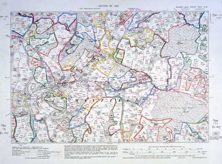 Printed map covered in land boundaries with coloured lines.