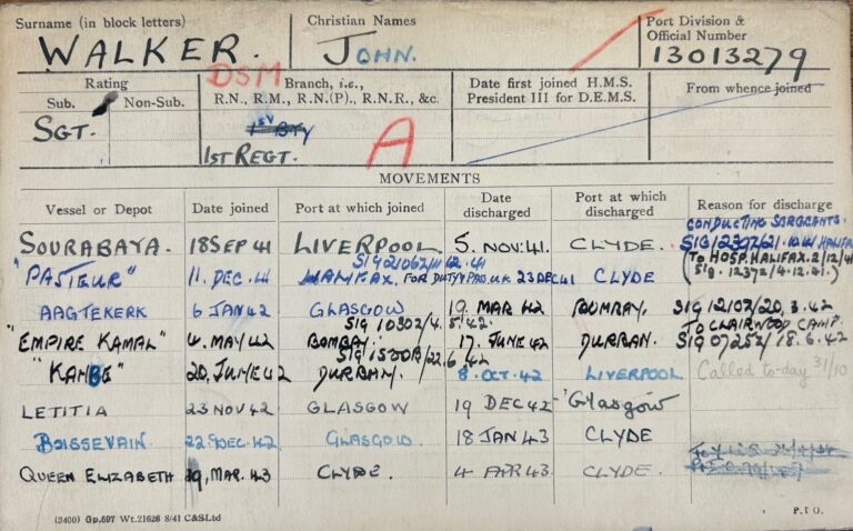 Printed card with 8 entries written in pen listing vessel names and dates and ports joined and discharged.