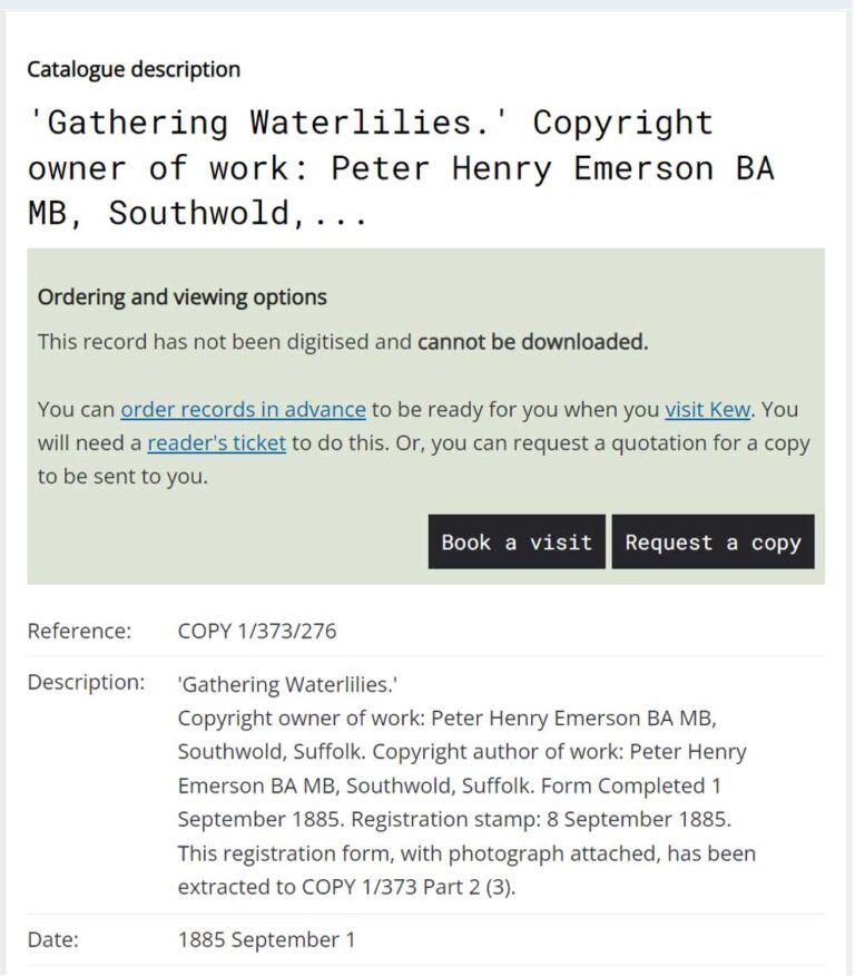 Screenshot of a catalogue description, including title, date, reference and viewing options.