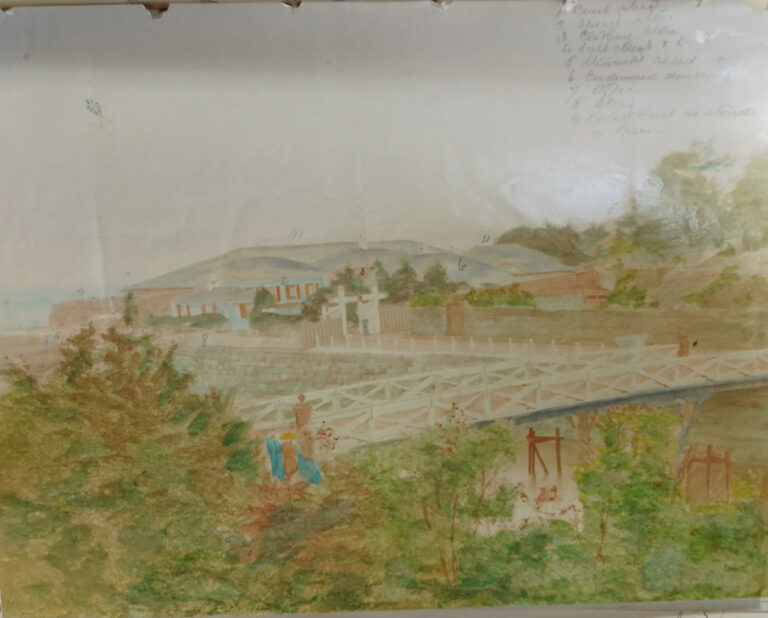 A handpainted illustration shows a white bridge crossing a river and several buildings visible in the distance. Trees and shrubs surround the scene, and the occasional stylised person is visible.