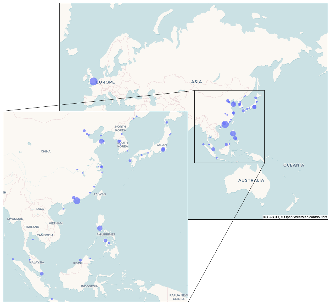 A world map shows the origin of some of the correspondence received at the China Station between 1873–1901 as blue dots. A map inset shows the distribution of these dots in South-Eastern Asia.