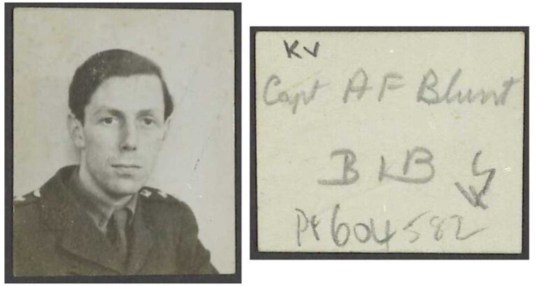 Portrait photograph of a man in military uniform with a slightly melancholy expression, beside a card marked 'Capt AF Blunt'.