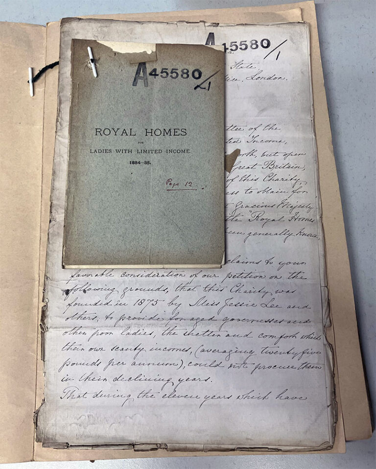 A record held at The National Archives. There is a handwritten document below a booklet titled 'Royal Homes for Ladies With Limited Income'.