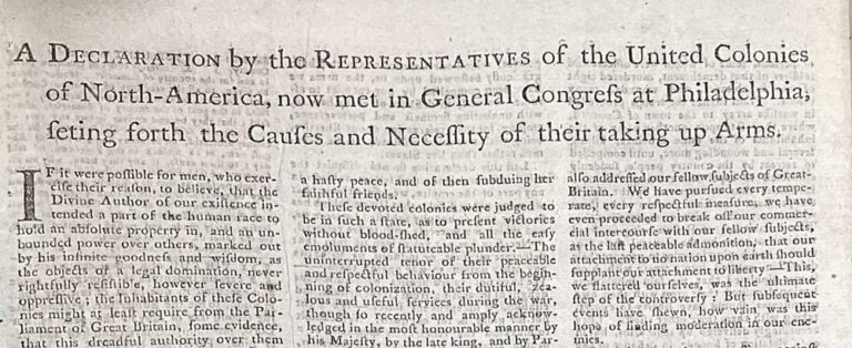 A typed declaration by 'the Representatives of the United Colonies of North-America' as to why they took up arms. 