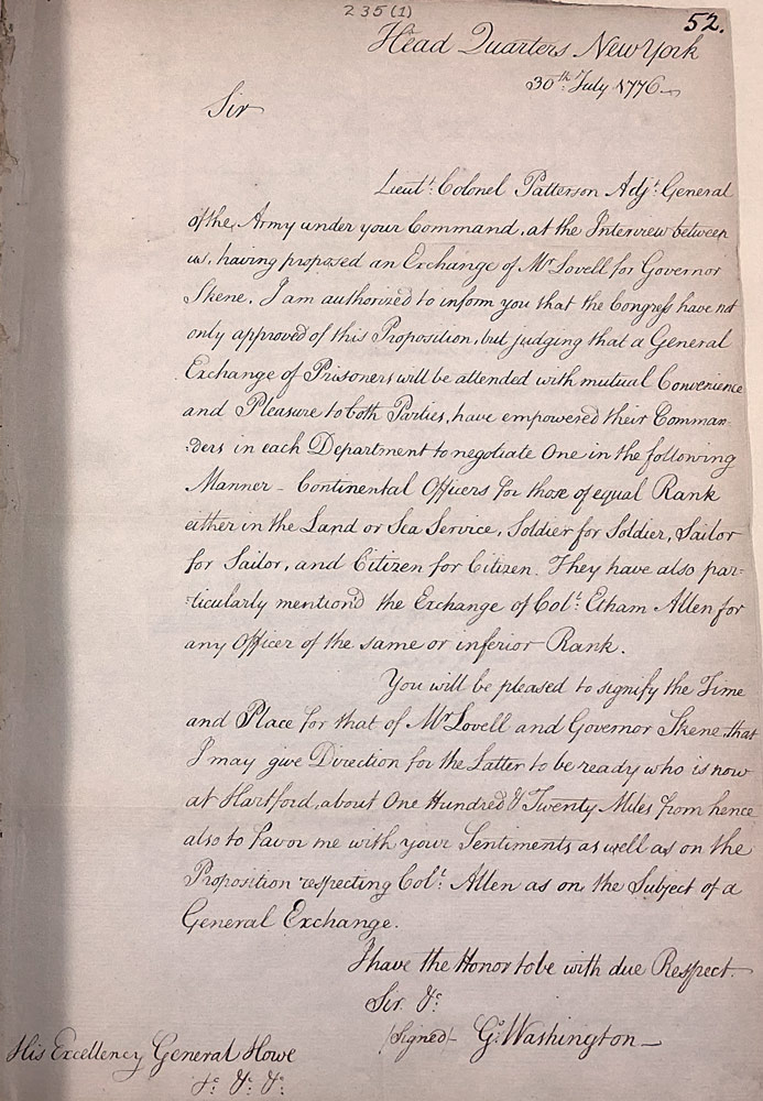 A handwritten letter from George Washington to Howe. 